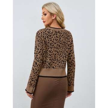 Ythomm Women Leopard Print Bow Tie Cardigan Sweaters Long Sleeve Crewneck Open Front Knit Cardigan Coats Casual Loose Outwear Brown