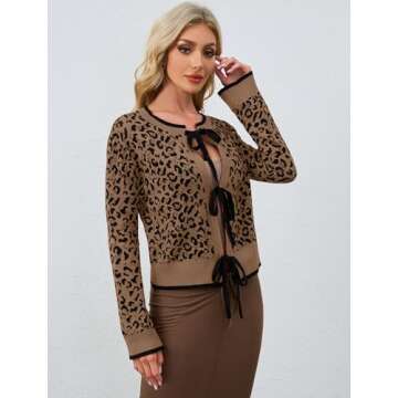 Ythomm Women Leopard Print Bow Tie Cardigan Sweaters Long Sleeve Crewneck Open Front Knit Cardigan Coats Casual Loose Outwear Brown
