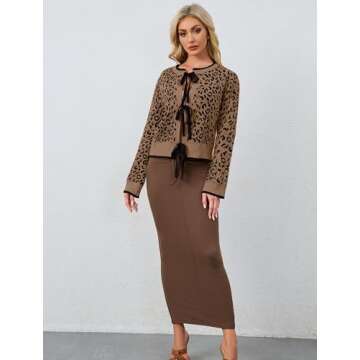 Ythomm Women Leopard Print Bow Tie Cardigan Sweaters Long Sleeve Crewneck Open Front Knit Cardigan Coats Casual Loose Outwear Brown