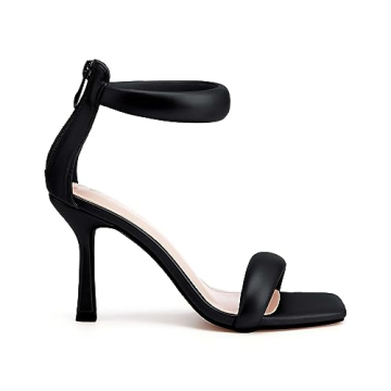 Coutgo Women's One Strap Heeled Sandals Square Open Toe Stiletto Heels Ankle Buckle Strap Summer Pump Shoes, Cool Black, Size 9