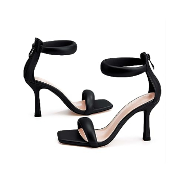 Coutgo Women's One Strap Heeled Sandals Square Open Toe Stiletto Heels Ankle Buckle Strap Summer Pump Shoes, Cool Black, Size 9