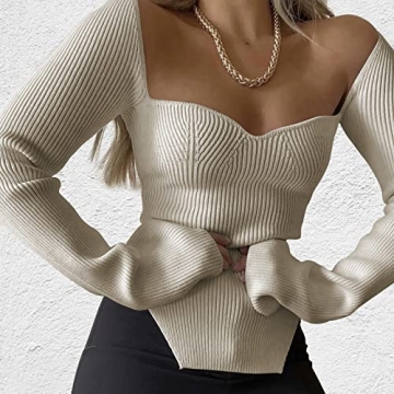 ACOSAP Women's Square Neck Ribbed Knit Sweater Soft Stretchy