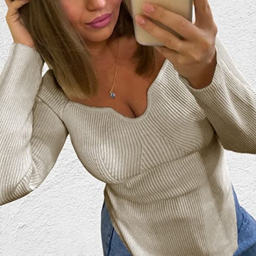 ACOSAP Women's Square Neck Ribbed Knit Sweater Soft Stretchy