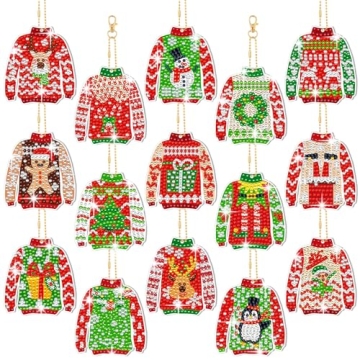 15 Pcs Christmas Diamond Painting Keychain Sweater Diamond Art Ornaments Christmas Diamond Painting ...