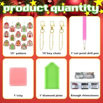 15 Pcs Christmas Diamond Painting Keychain Set for DIY Crafts