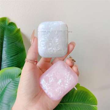 Olytop for Cute Glitter Airpods 2/1 Gen Case with Cleaner Pen,Shell Pattern Airpods 2nd/1st Generation Cover Protective Skin Girl Women with Luxury Pearl Keychain for Apple iPod 2nd/1st Gen - White