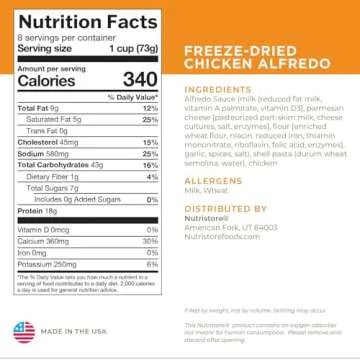 Nutristore Chicken Alfredo | Freeze Dried Emergency Survival Bulk Food Storage Meal | Perfect for Everyday Quick Meals and Long-Term Storage | 25 Year Shelf Life | USDA Inspected