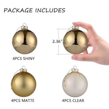 AOMOONOA Gold Glass Christmas Ball Ornaments for Christmas Tree, 2.36” Christmas Hanging Ornaments Set of 12 Christmas Baubles for Holiday Party Xmas Tree Decorations Gifts