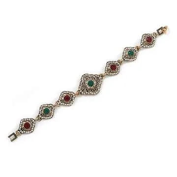 Avalaya Vintage Inspired Turkish Style Crystal Filigree Bracelet In Bronze Tone (Clear, Green, Burgundy Red) - 18cm L