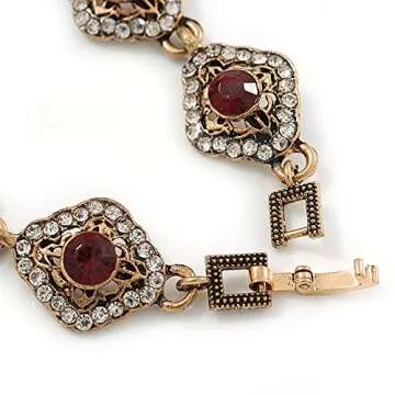 Avalaya Vintage Inspired Turkish Style Crystal Filigree Bracelet In Bronze Tone (Clear, Green, Burgundy Red) - 18cm L