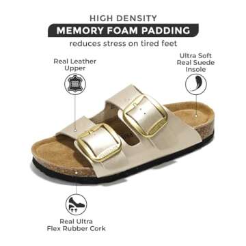 Project Cloud Genuine Leather Flat Sandals Comfortable Beach Essentials Womens Sandals Memory Foam Vacation Essentials Slides for Women Footwear (Santorini, Rosegold, 6.5)