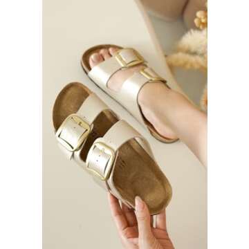 Project Cloud Genuine Leather Flat Sandals Comfortable Beach Essentials Womens Sandals Memory Foam Vacation Essentials Slides for Women Footwear (Santorini, Rosegold, 6.5)