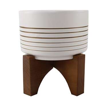 Flora Bunda Mid Century 7 inch White Gold Line Ceramic Planter on Wood Stand,White/Gold Line 7"