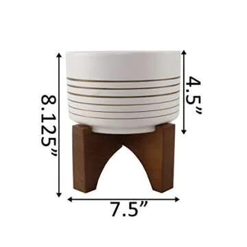 Flora Bunda Mid Century 7 inch White Gold Line Ceramic Planter on Wood Stand,White/Gold Line 7"