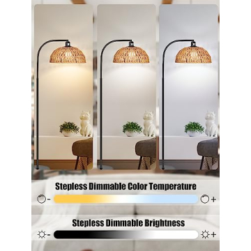 Boho Rattan Floor Lamp with Remote Control and Dimmable Bulb