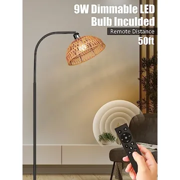 Boho Rattan Floor Lamp with Remote Control and Dimmable Bulb