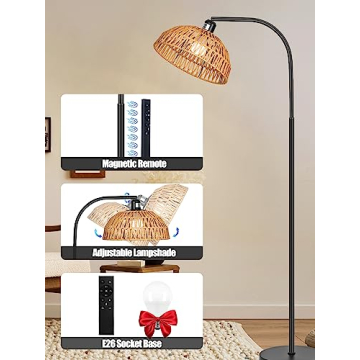Boho Rattan Floor Lamp with Remote Control and Dimmable Bulb