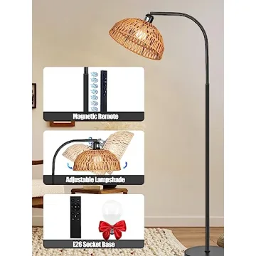 Boho Rattan Floor Lamp with Remote Control and Dimmable Bulb