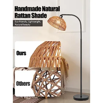 Boho Rattan Floor Lamp with Remote Control and Dimmable Bulb