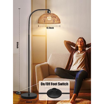 Boho Rattan Floor Lamp with Remote Control and Dimmable Bulb