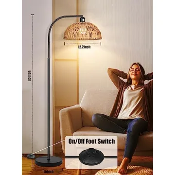 Boho Rattan Floor Lamp with Remote Control and Dimmable Bulb