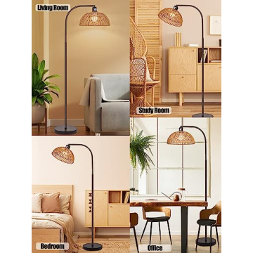 Boho Rattan Floor Lamp with Remote Control and Dimmable Bulb
