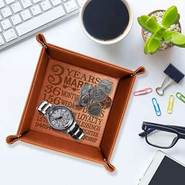 Kate Posh - 3 Years of Marriage Engraved Leather Catchall Valet Tray, Our 3rd Wedding Anniversary, 3 Years as Husband & Wife, Gifts for Her, for Him, for Couples (Rawhide)