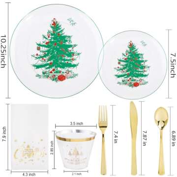Rubtlamp 175Pcs Christmas Plastic Plates, Clear Party Plates with Christmas Tree, Green Christmas Dinnerware Include 25Salad Plates, 25 Green Dinner Plates, 75 Plastic Gold Cutlery, 25Napkins, 25Cups