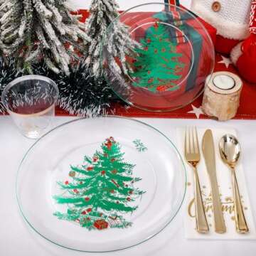 Rubtlamp 175Pcs Christmas Plastic Plates, Clear Party Plates with Christmas Tree, Green Christmas Dinnerware Include 25Salad Plates, 25 Green Dinner Plates, 75 Plastic Gold Cutlery, 25Napkins, 25Cups