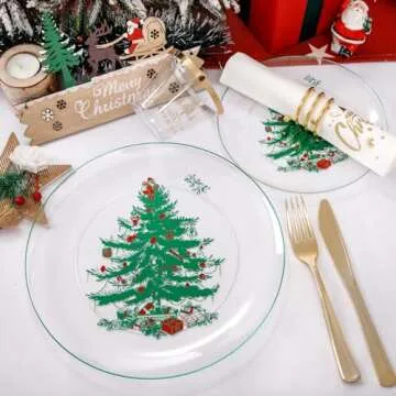 Rubtlamp 175Pcs Christmas Plastic Plates, Clear Party Plates with Christmas Tree, Green Christmas Dinnerware Include 25Salad Plates, 25 Green Dinner Plates, 75 Plastic Gold Cutlery, 25Napkins, 25Cups