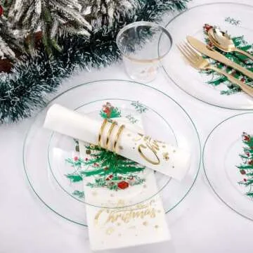 Rubtlamp 175Pcs Christmas Plastic Plates, Clear Party Plates with Christmas Tree, Green Christmas Dinnerware Include 25Salad Plates, 25 Green Dinner Plates, 75 Plastic Gold Cutlery, 25Napkins, 25Cups