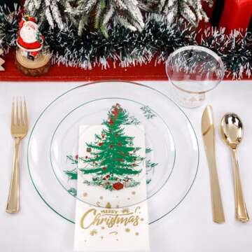 Rubtlamp 175Pcs Christmas Plastic Plates, Clear Party Plates with Christmas Tree, Green Christmas Dinnerware Include 25Salad Plates, 25 Green Dinner Plates, 75 Plastic Gold Cutlery, 25Napkins, 25Cups