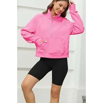 Womens Sweatshirts Half Zipper Crop Pullover Funnel Neck Fleece Lined Zip Up Long Sleeve Tops Thumb Hole Pink