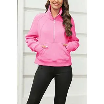 Womens Sweatshirts Half Zipper Crop Pullover Funnel Neck Fleece Lined Zip Up Long Sleeve Tops Thumb Hole Pink