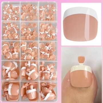 AddFavor Press on Toenails, 240pcs French Tip Toe Nail Press ons Short Square Fake Toe Nails 15 Sizes Pink Acrylic Toe Nail Tips for Women