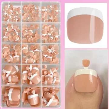 AddFavor Press on Toenails, 240pcs French Tip Toe Nail Press ons Short Square Fake Toe Nails 15 Sizes Pink Acrylic Toe Nail Tips for Women