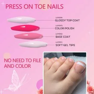 AddFavor Press on Toenails, 240pcs French Tip Toe Nail Press ons Short Square Fake Toe Nails 15 Sizes Pink Acrylic Toe Nail Tips for Women