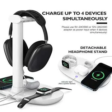 Headphone Stand with 15w Wireless Charger, Suguder 4 in 1 Charging Station Headset Holder for AirPods Max/Pro/4/3/2 iWatch 10/9/8/7/6/5/4/3/2/1/SE iPhone 16/15/14/13/12/11/X for Desktop Table Game