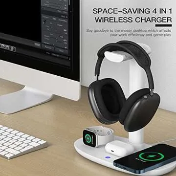 Headphone Stand with 15w Wireless Charger, Suguder 4 in 1 Charging Station Headset Holder for AirPods Max/Pro/4/3/2 iWatch 10/9/8/7/6/5/4/3/2/1/SE iPhone 16/15/14/13/12/11/X for Desktop Table Game