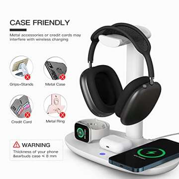 Headphone Stand with 15w Wireless Charger, Suguder 4 in 1 Charging Station Headset Holder for AirPods Max/Pro/4/3/2 iWatch 10/9/8/7/6/5/4/3/2/1/SE iPhone 16/15/14/13/12/11/X for Desktop Table Game