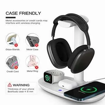 Headphone Stand with 15w Wireless Charger, Suguder 4 in 1 Charging Station Headset Holder for AirPods Max/Pro/4/3/2 iWatch 10/9/8/7/6/5/4/3/2/1/SE iPhone 16/15/14/13/12/11/X for Desktop Table Game