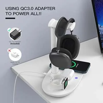 Headphone Stand with 15w Wireless Charger, Suguder 4 in 1 Charging Station Headset Holder for AirPods Max/Pro/4/3/2 iWatch 10/9/8/7/6/5/4/3/2/1/SE iPhone 16/15/14/13/12/11/X for Desktop Table Game