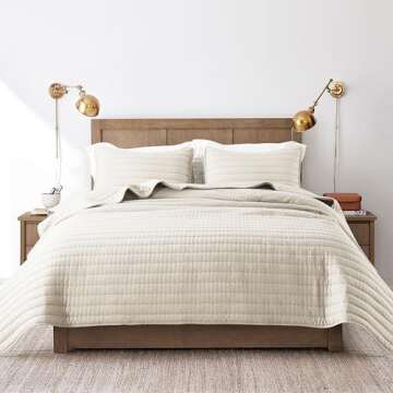 ROARINGWILD Ivory King Size Quilt Bedding Sets with 2 Pillow Shams, Lightweight Soft Bedspread Cover...