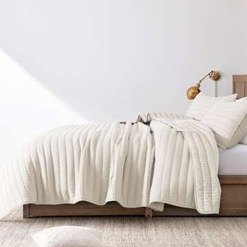 ROARINGWILD Ivory King Size Quilt Bedding Sets with 2 Pillow Shams, Lightweight Soft Bedspread Coverlet, Quilted Blanket Thin Comforter Bed Cover for All Season, 3 Pieces, 104x90 inches