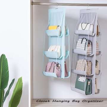 AARAINBOW 1 Pack Hanging Handbag Purse Organizer, Bags Organizor for Purse 8 Pockets Wardrobe Closet Space Saving Handbag Storage, 44.5L x 13.5W (B-Light Gray)