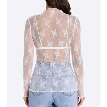 MOHHOM Womens Lace Long Sleeve Mesh Top Mock Neck Sheer Blouse See Through Floral Layering Shirt(Whi...