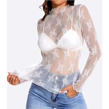 MOHHOM Womens Lace Long Sleeve Mesh Top Mock Neck Sheer Blouse See Through Floral Layering Shirt(White, Medium)