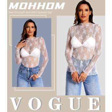 MOHHOM Womens Lace Long Sleeve Mesh Top Mock Neck Sheer Blouse See Through Floral Layering Shirt(White, Medium)