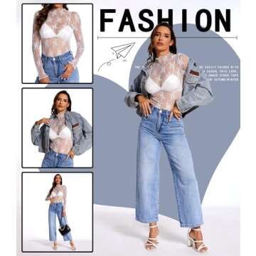 MOHHOM Womens Lace Long Sleeve Mesh Top Mock Neck Sheer Blouse See Through Floral Layering Shirt(White, Medium)