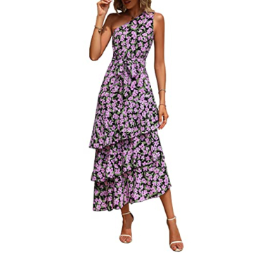 PRETTYGARDEN Women's Summer Floral Sundress Casual One Shoulder Tiered Ruffle Flowy Midi Beach Boho ...
